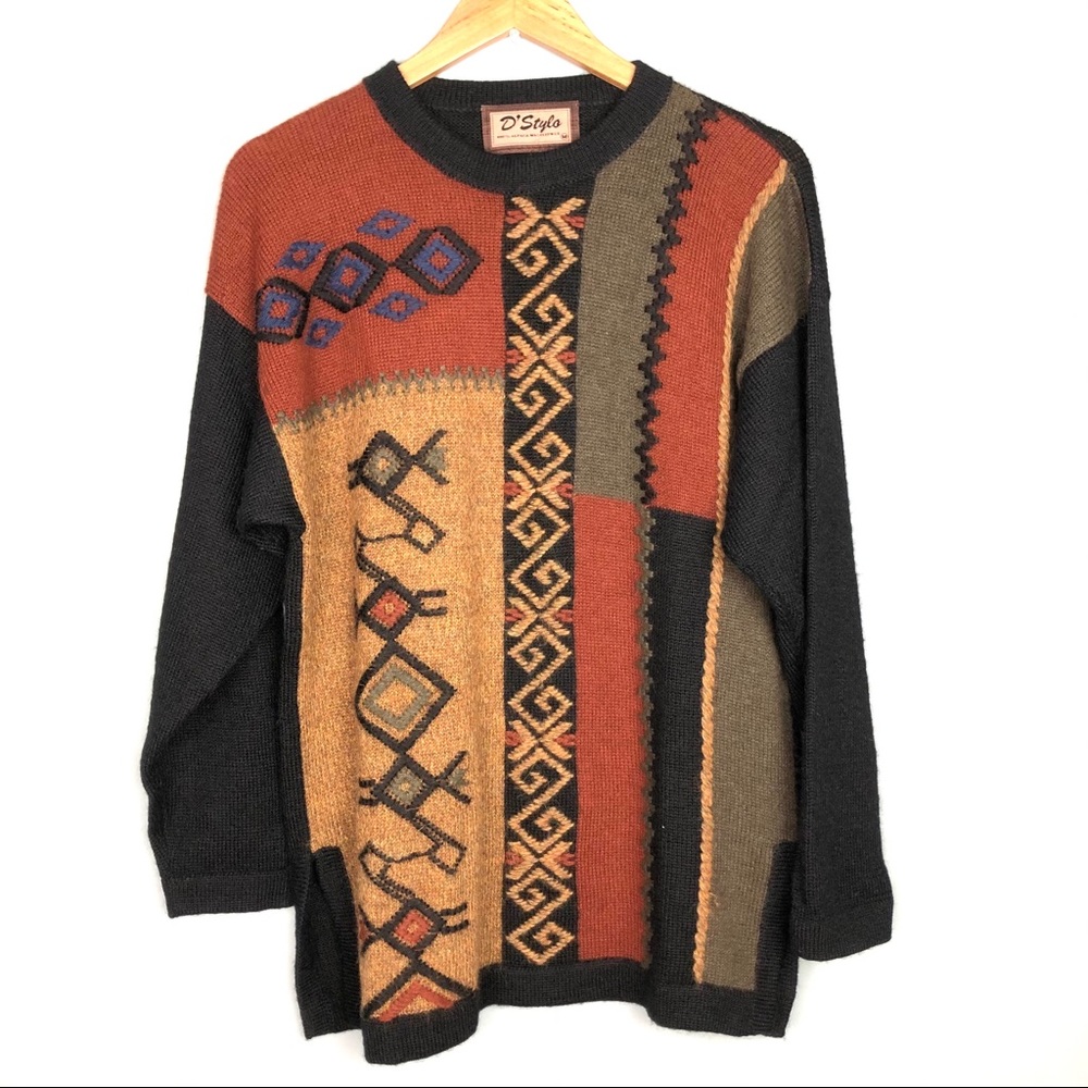 D’STYLO alpaca knit geometric embroidered unisex crew neck sweater size M